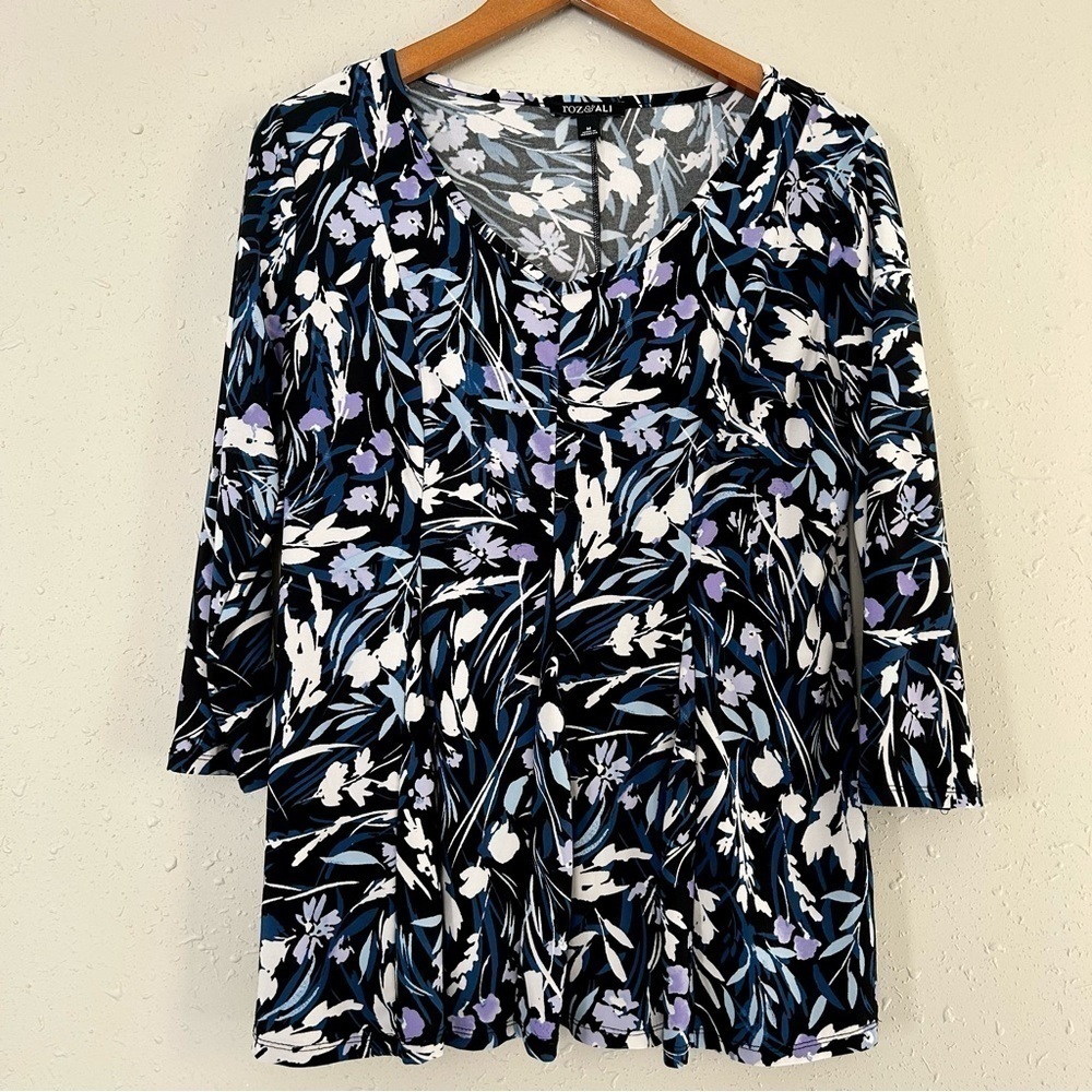🦋 Roz and Ali Purple Blue Floral Long Sleeve Blouse Medium
